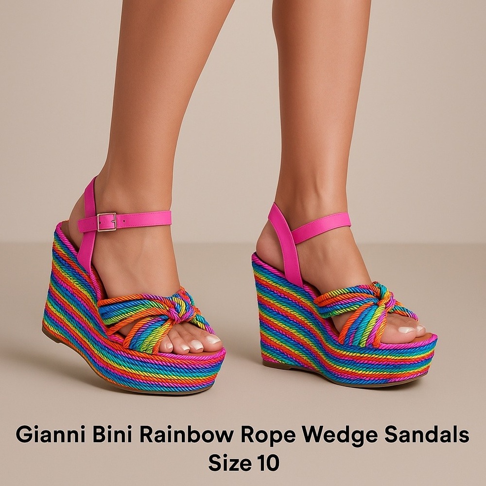 Gianni Bini Rainbow Rope Wedge Sandals - Pink Straps